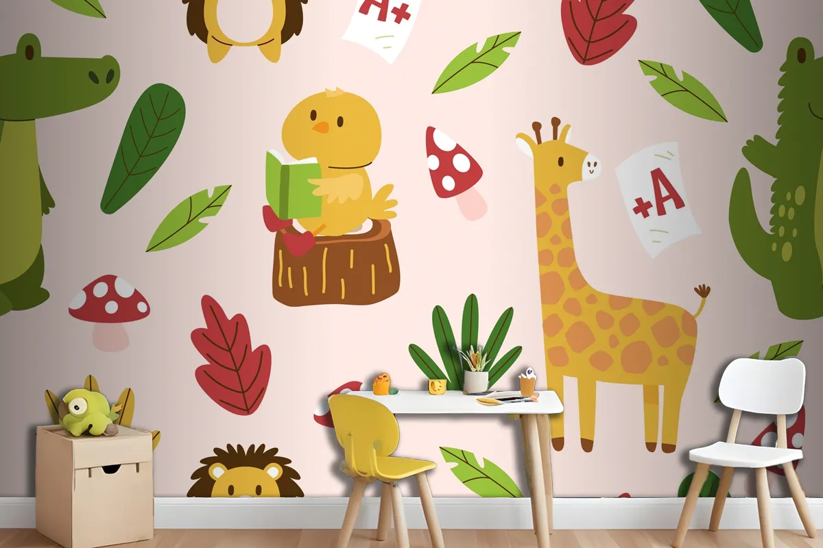 Hand Drawn Childlike Animals Pattern Wallpaper Mural