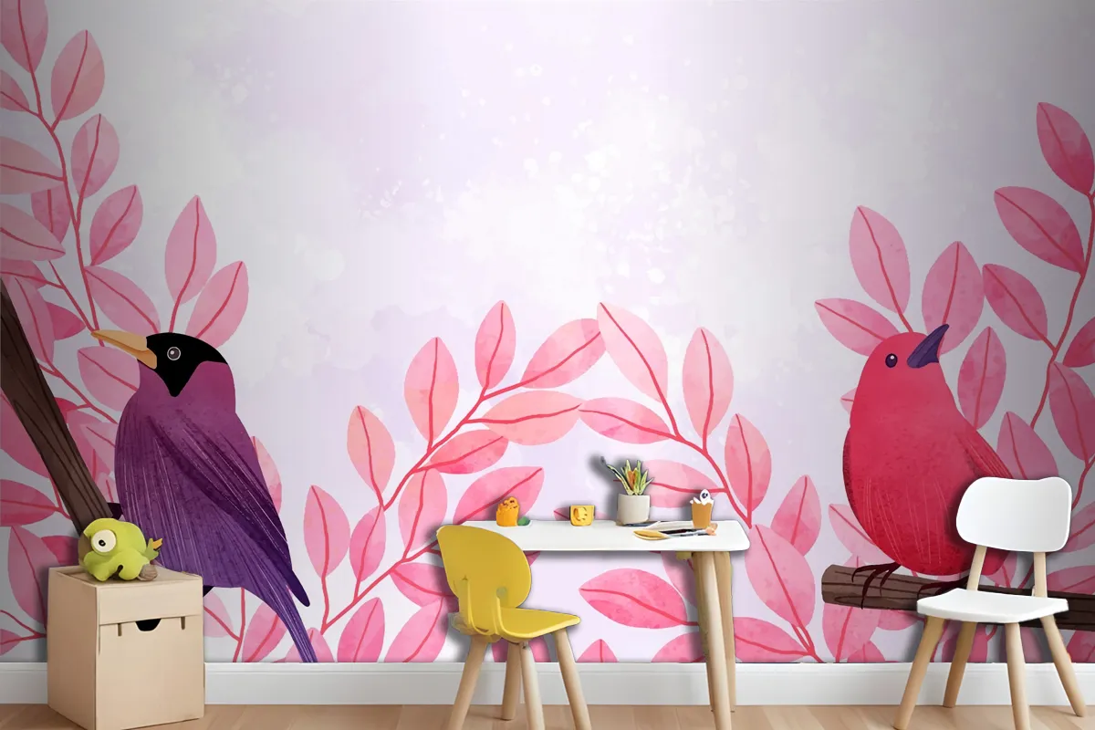 Beautiful Watercolor Of Birds Sitting On Branches Wallpaper Mural