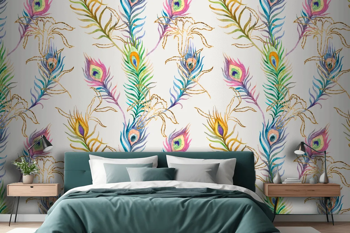 Background Of Peacock Feather Colorful Watercolor Pattern Wallpaper Mural