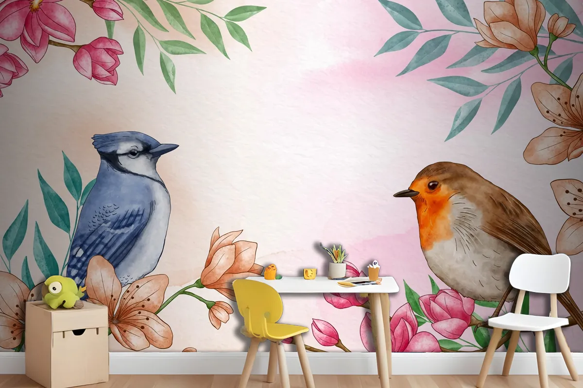 Hand Painted Watercolor Floral Birds Background Wallpaper Mural