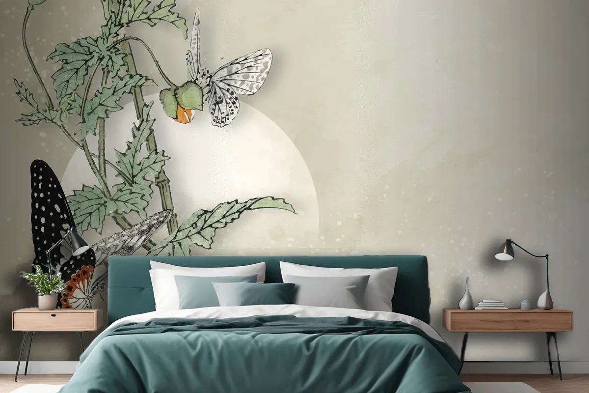 Leafy Butterfly Frame Design Wallpaper Mural