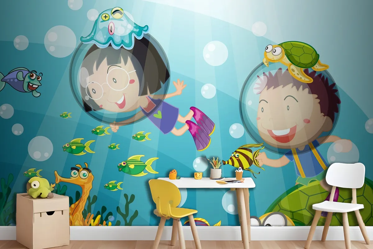 Underwater Scene With Happy Kids Scuba Diving Wallpaper Mural