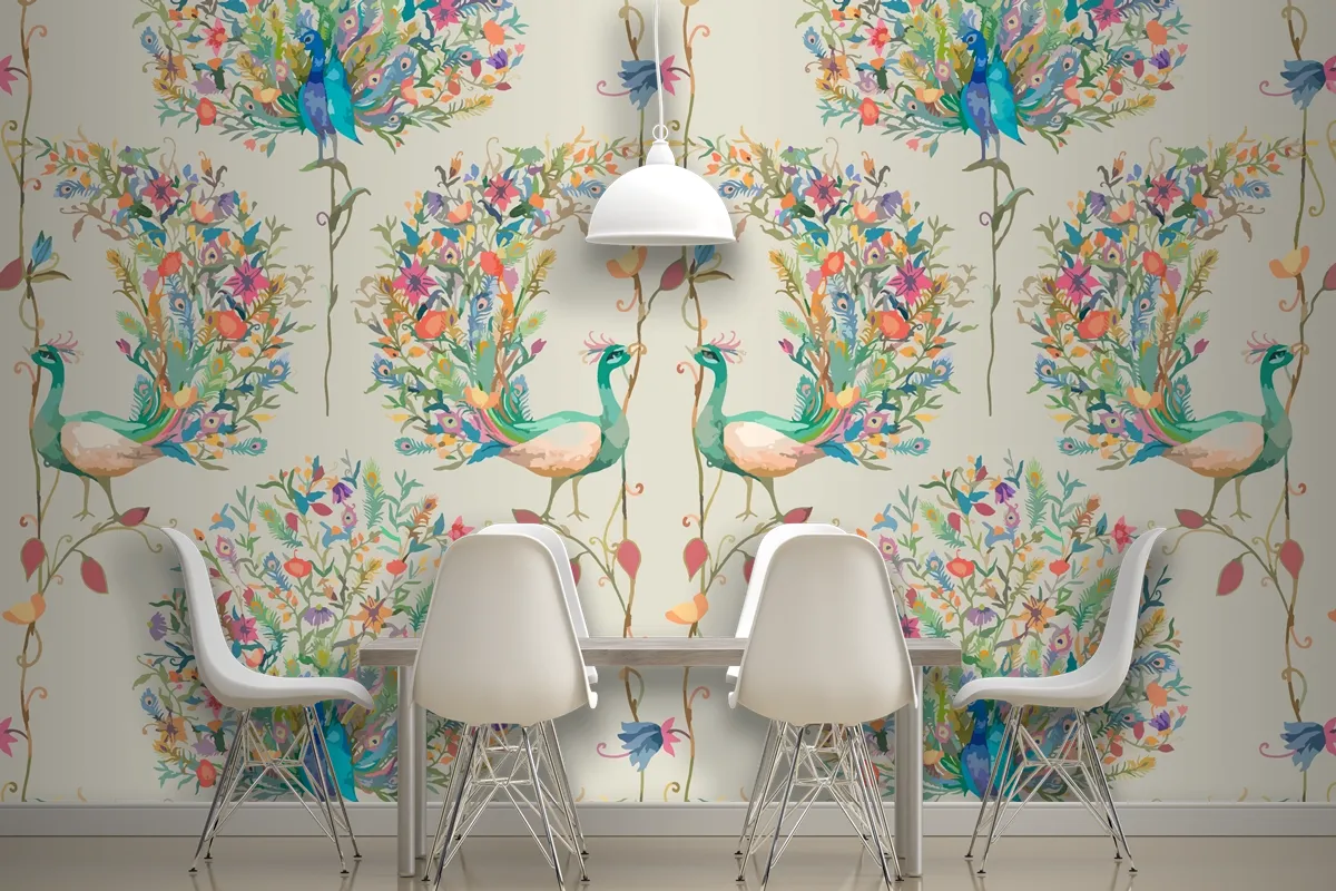 Pattern Background With Watercolor Peacock And Flower Wallpaper Mural