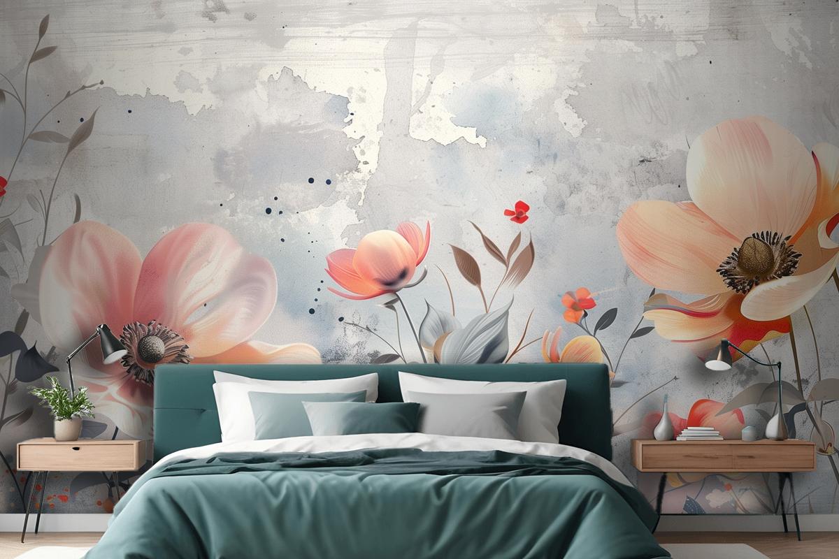 Watercolor Flowers Blue Wallpaper Mural