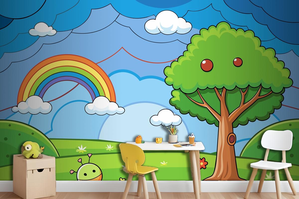 A Colorful Illustration Of A Rainbow With A Tree And A Rainbow In The Wallpaper Mural