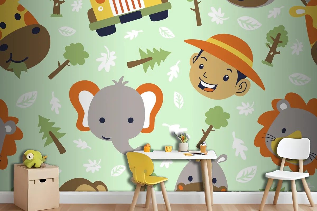 Funny Safari Animals Head Cartoon With Little Boy Head On Seamless Pattern Wallpaper Mural