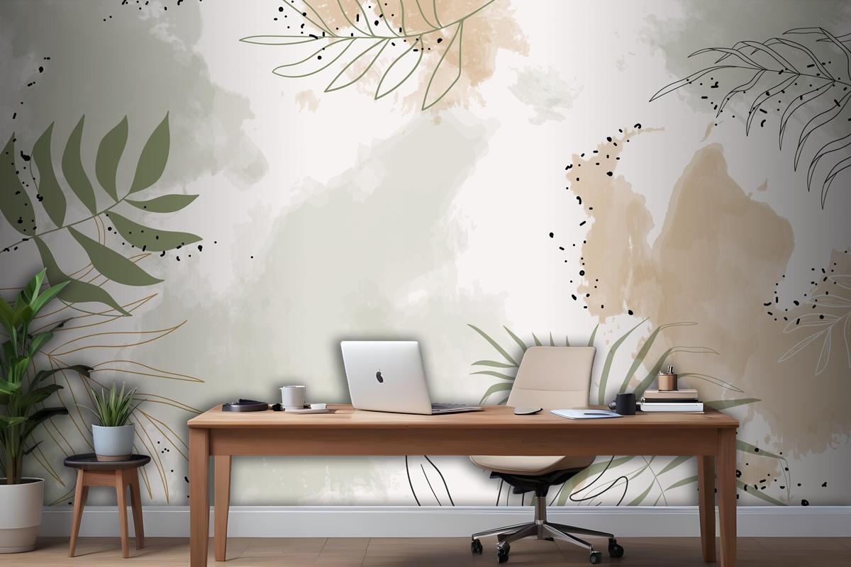 Beige Leafy Watercolor Background Wallpaper Mural