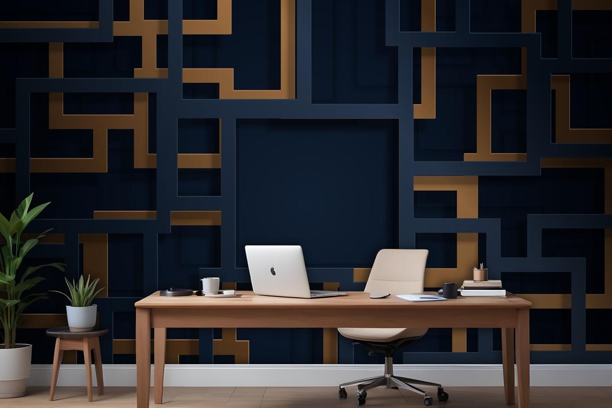 3D Blue And Gold Lines In Paper Cut Style Wallpaper Mural