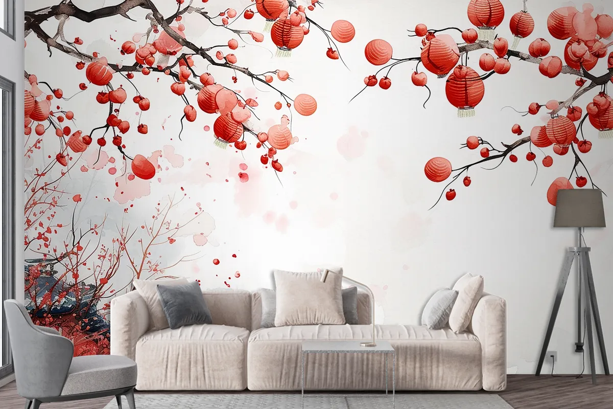 Abstract Watercolor Of Chinese New Year Element Decorative Wallpaper Mural