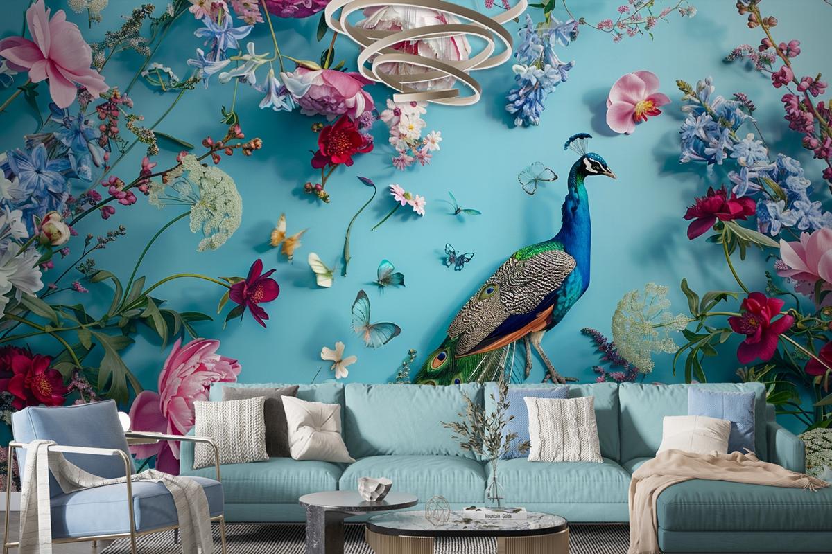 A Peacock Surrounded By Flowers And Butterflies Wallpaper Mural