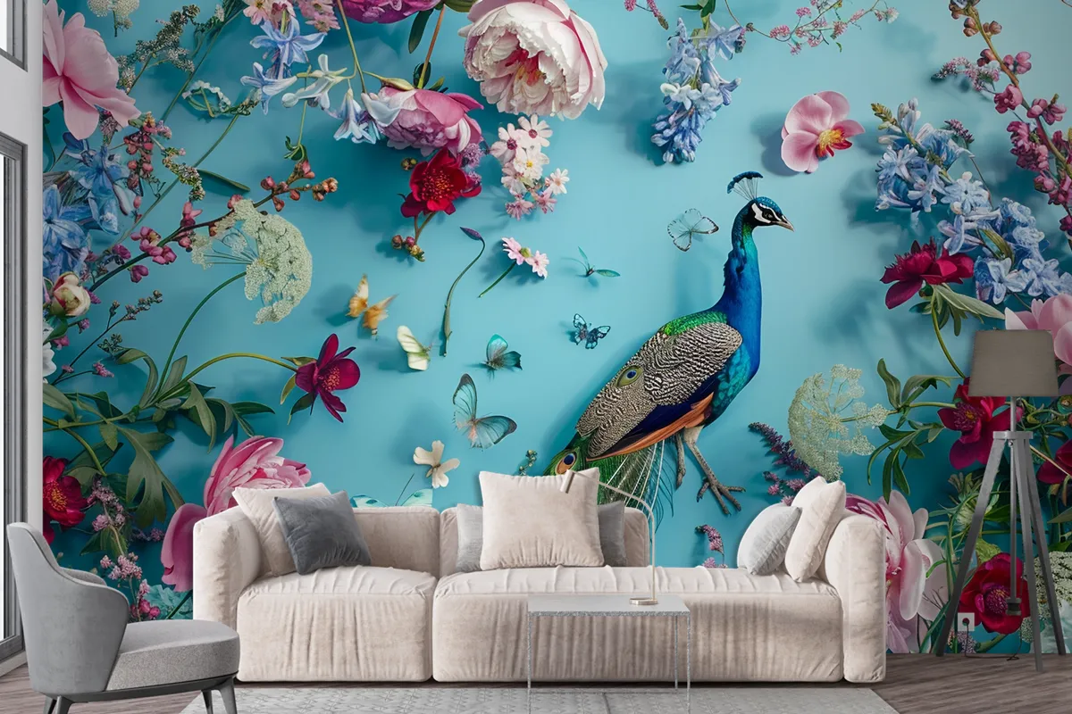 A Peacock Surrounded By Flowers And Butterflies Wallpaper Mural