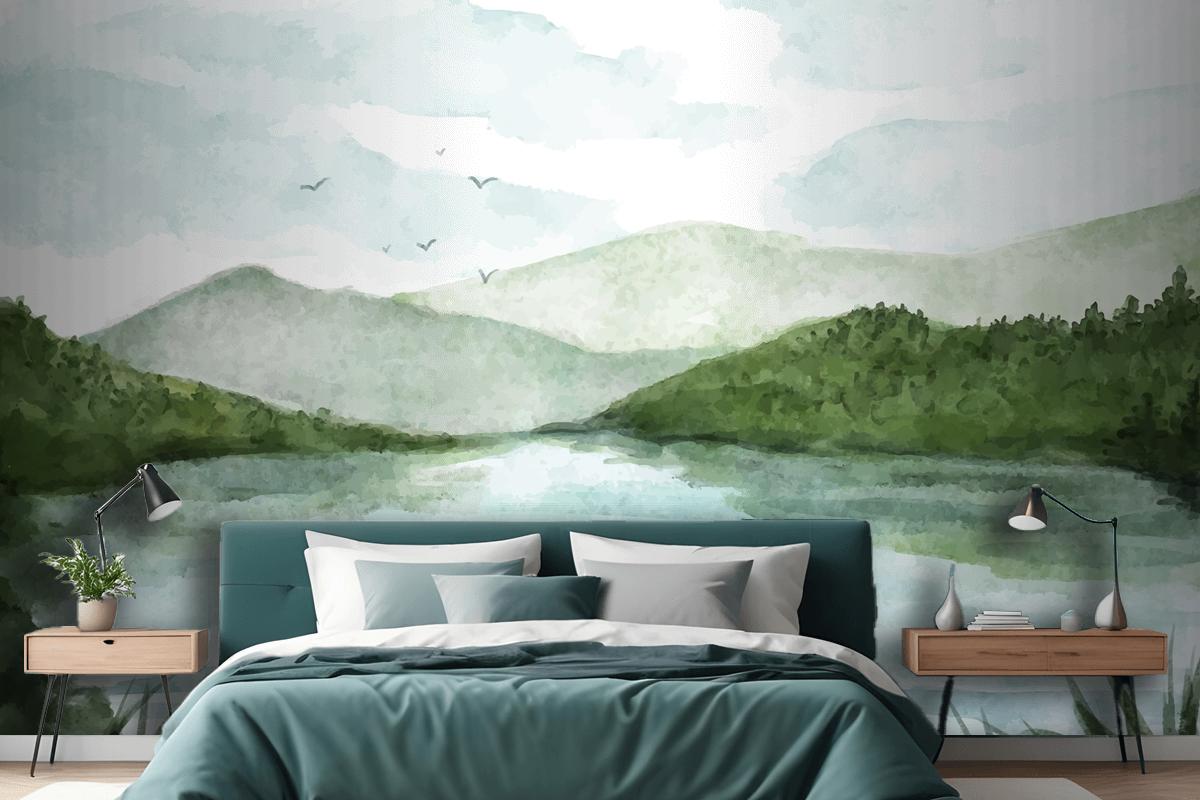 Watercolor Lake Scenery Wallpaper Mural