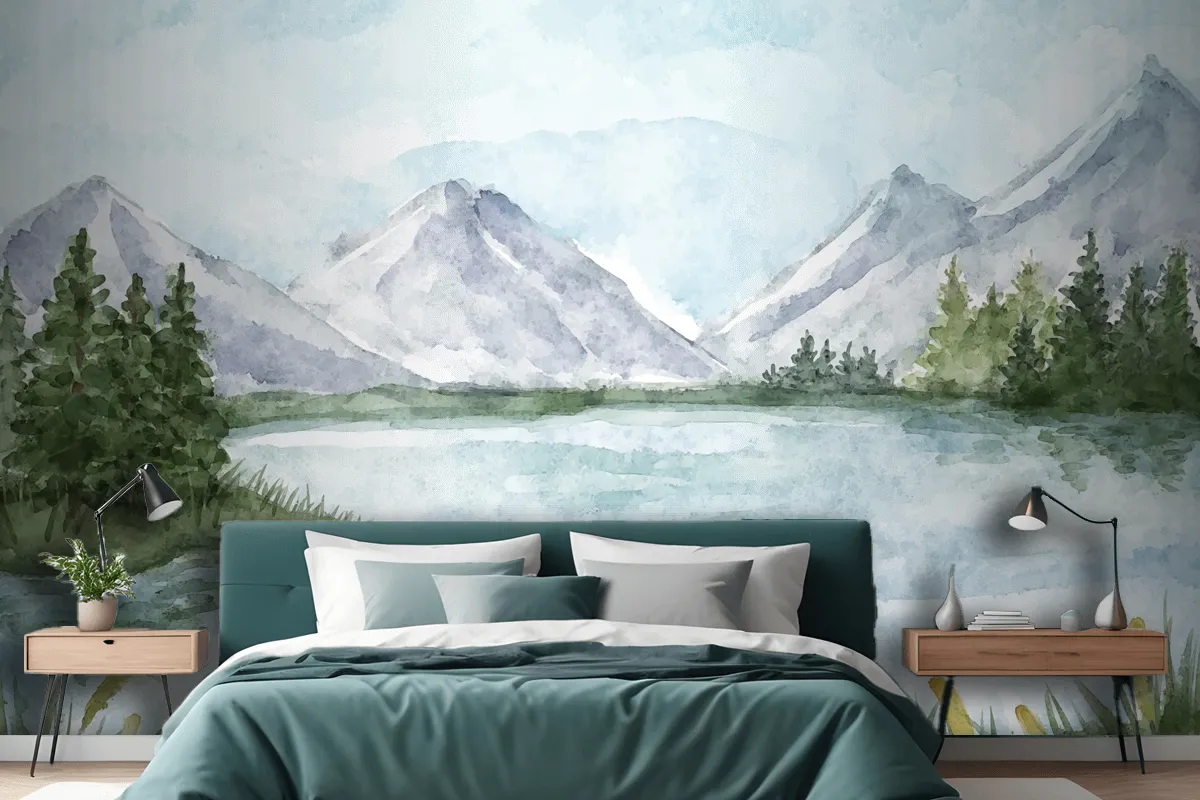 Watercolor Lake Scenery Wallpaper Mural