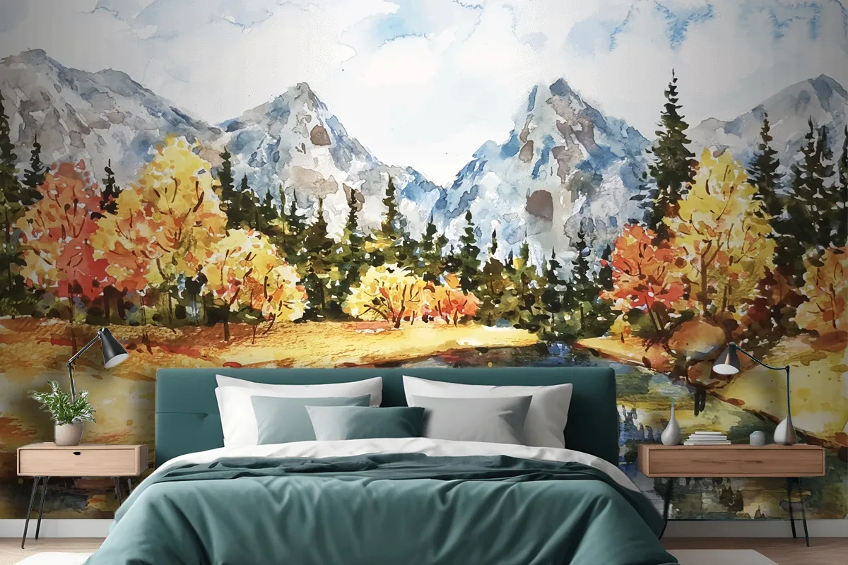 Watercolor Autumn Landscape Wallpaper Mural