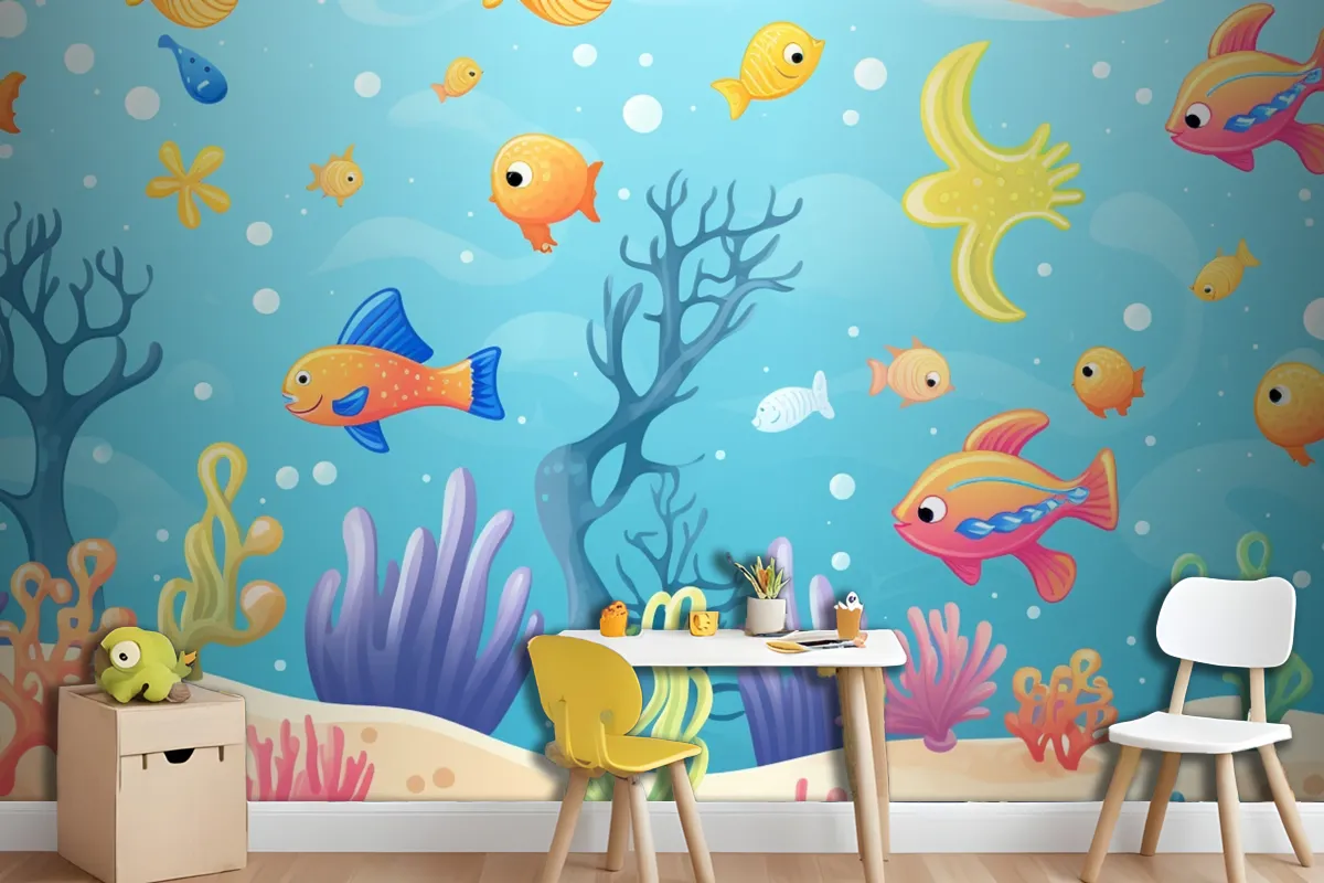 A Painting Of A Coral Reef With A Clown Fish And Coral Wallpaper Mural