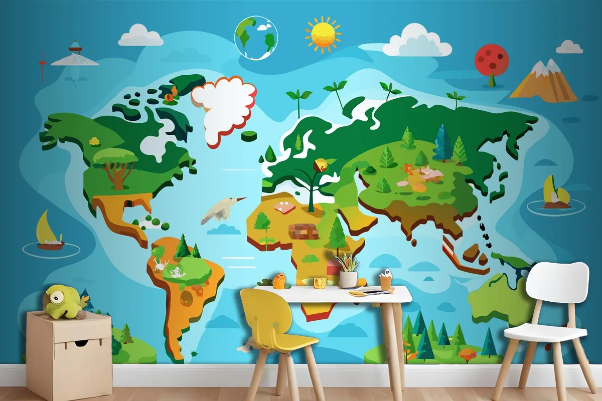 A Map Of The World With Different Types Of Trees Interactive World Map Wallpaper Mural