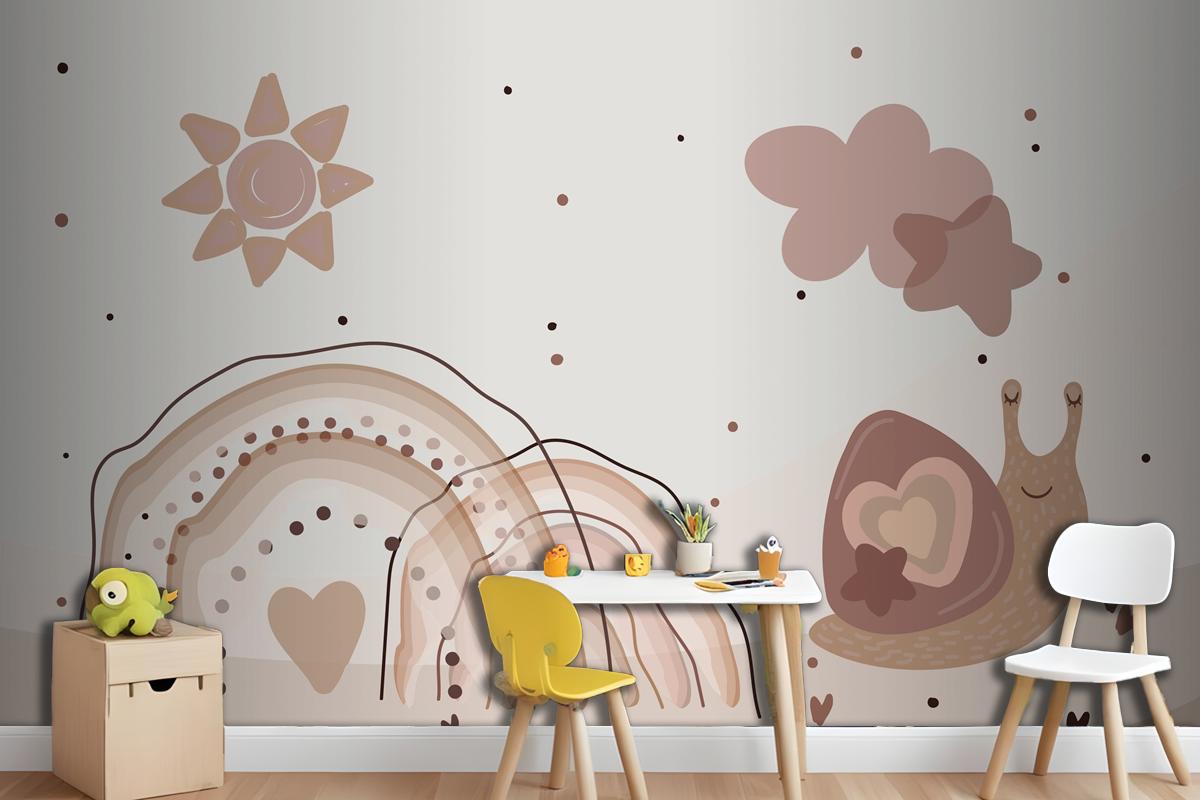 Watercolor Rainbow And Snails Beige Wallpaper Mural