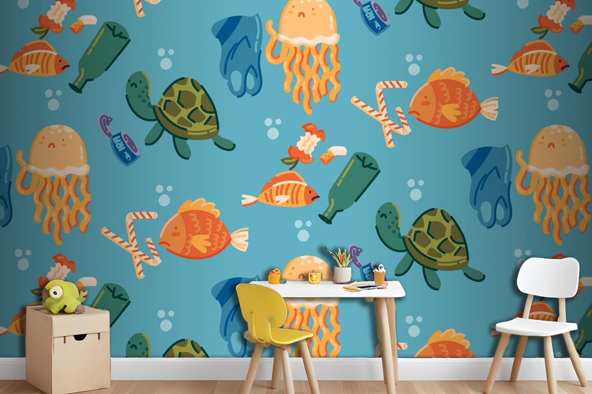 Hand Drawn Save The Oceans Pattern Wallpaper Mural