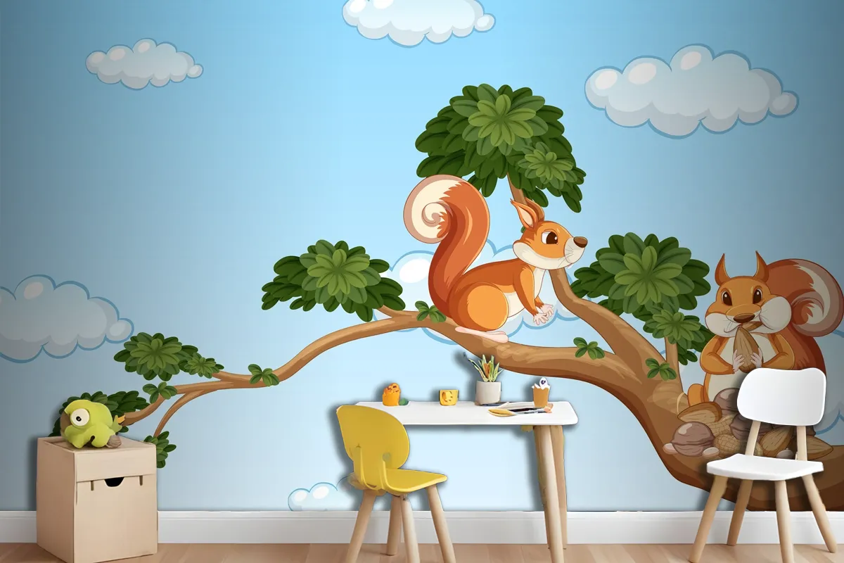 Two Squirrels On The Branch Wallpaper Mural