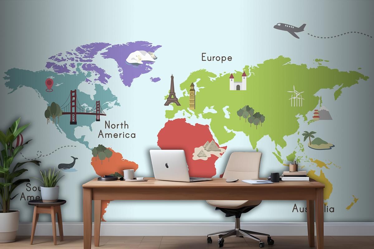 World Continent Map Location Graphic Wallpaper Mural