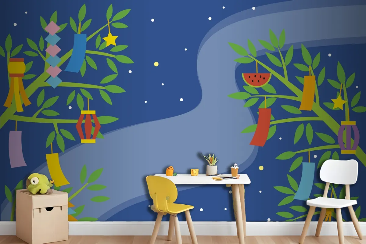 Flat Tanabata Background With Ornaments In Branches Wallpaper Mural