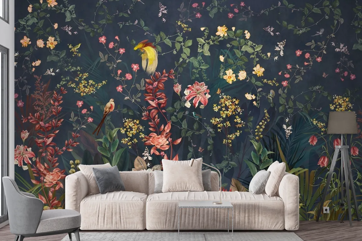 Chinoiserie Vintage Floral With Exotic Birds And Flowers Wallpaper Mural