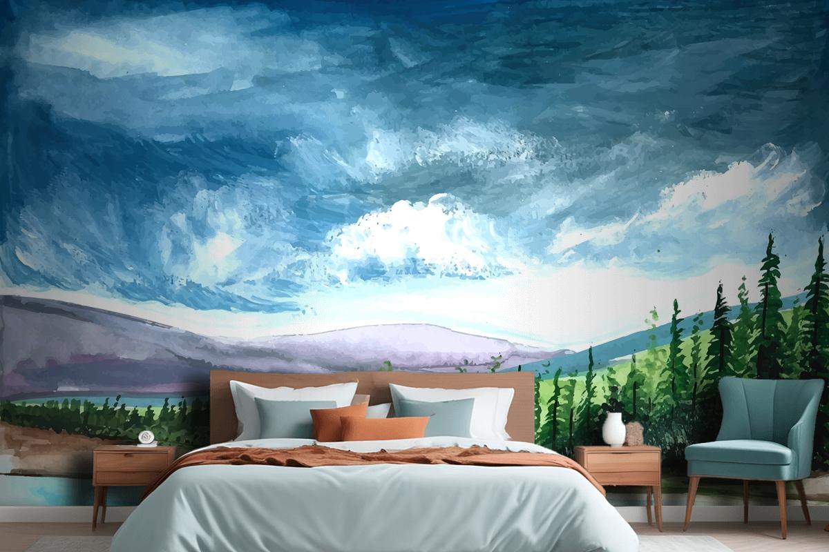 Hand Draw Spring Landscape Scene Watercolor Wallpaper Mural