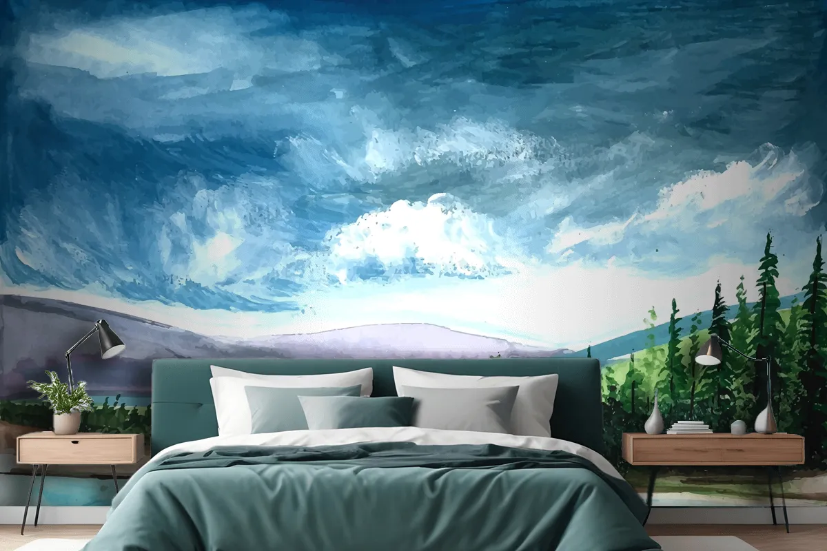 Hand Draw Spring Landscape Scene Watercolor Wallpaper Mural