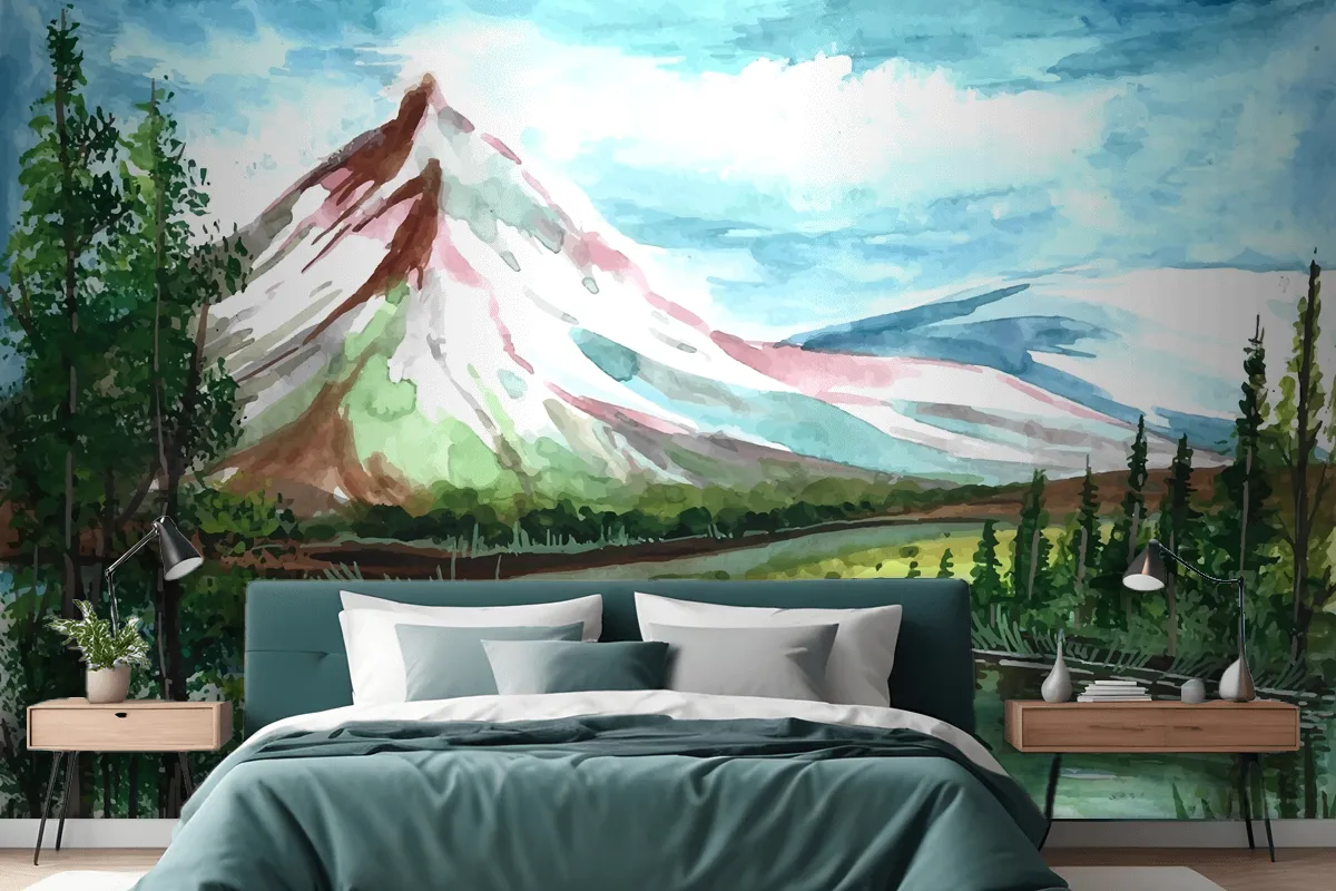 Hand Draw Spring Landscape Scene Watercolor Wallpaper Mural