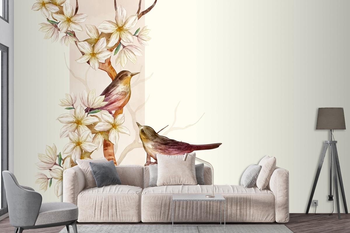 Asian Flower Watercolor With Birds Wallpaper Mural