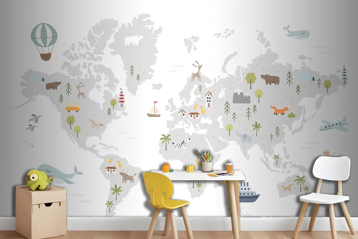 World Map With Animals Houses Nature Elements Wallpaper Mural