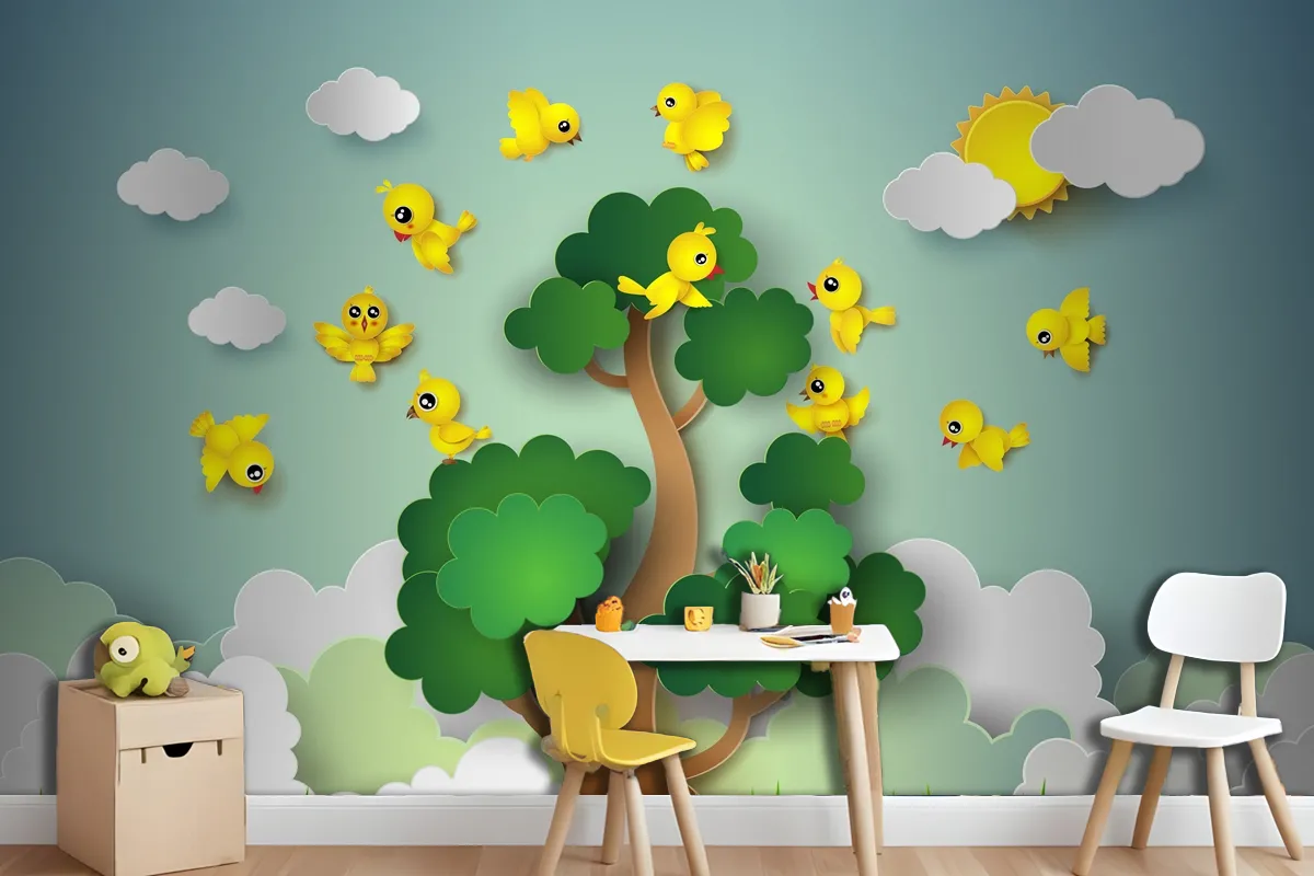 Bird Flying Around A Tree Wallpaper Mural