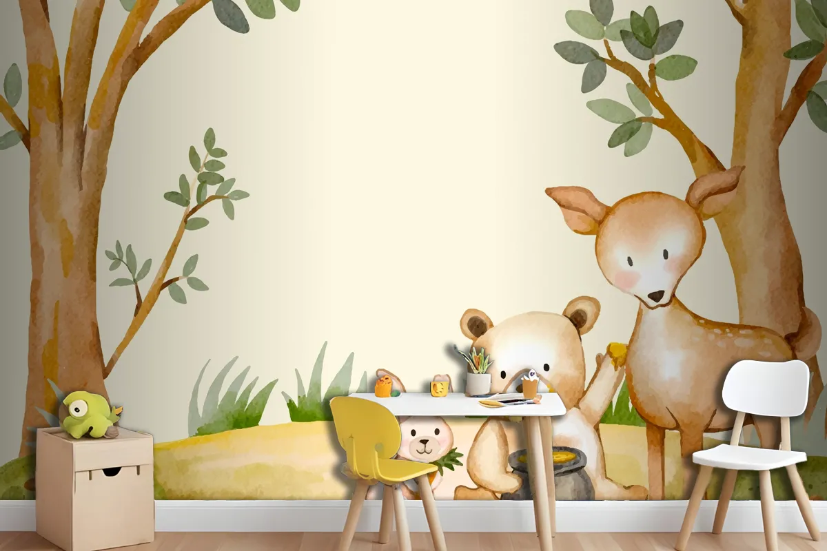 Watercolor Forest Animals Background Wallpaper Mural