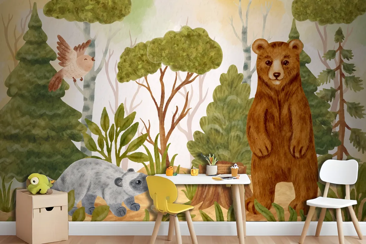 Watercolor Forest Animals Background Wallpaper Mural