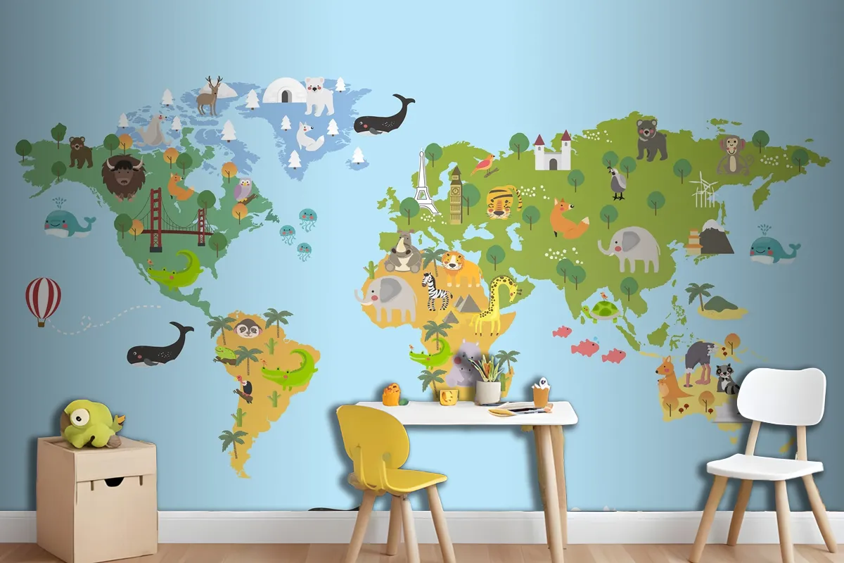 Animal World Map Wallpaper Mural