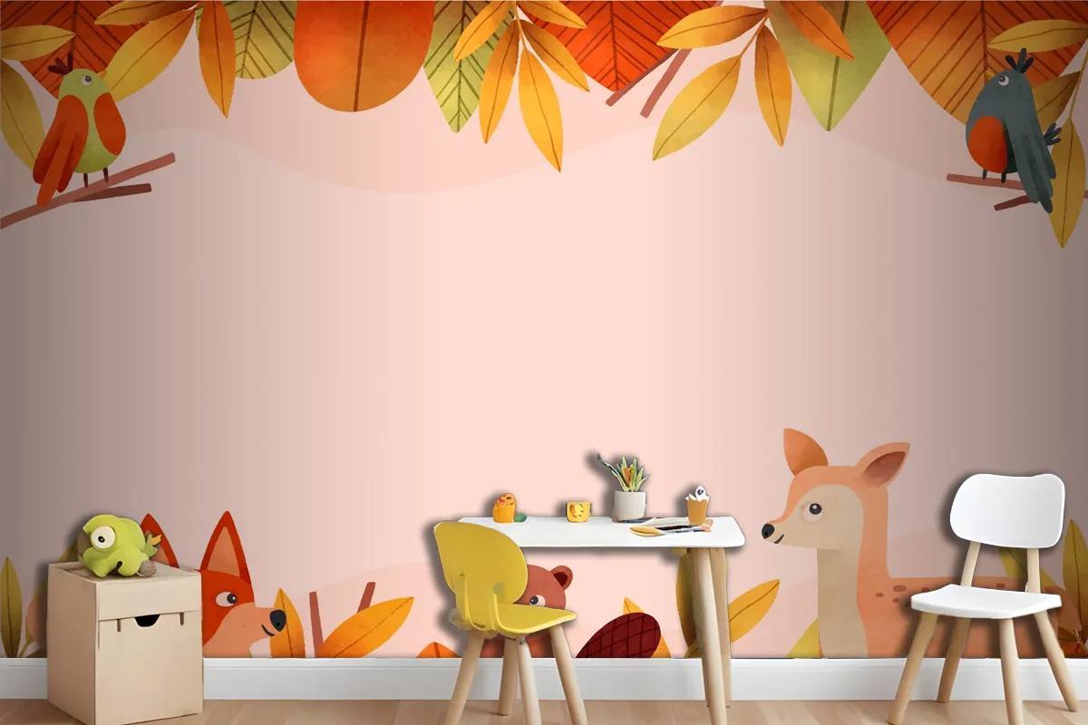 Watercolor Forest Animal And Leaves Wallpaper Mural