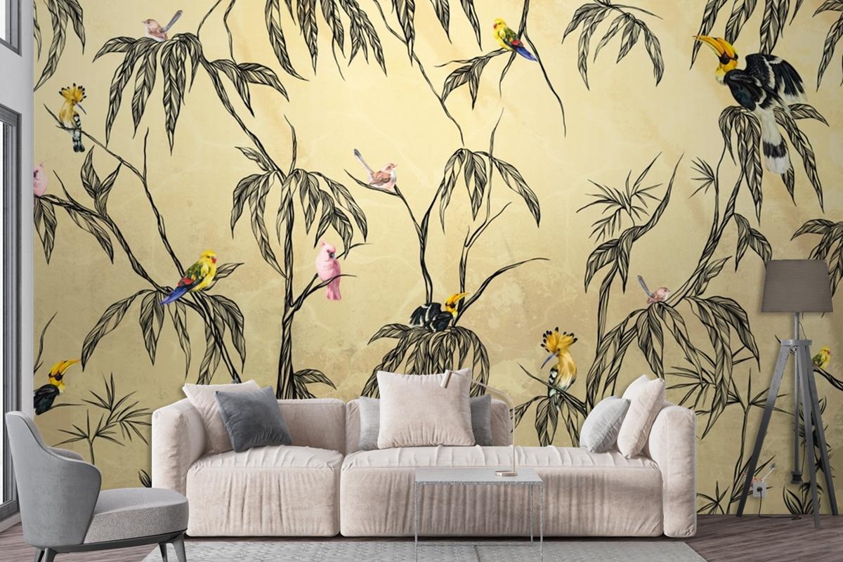 Bird In The Tropics On A Textured Beige Wallpaper Mural