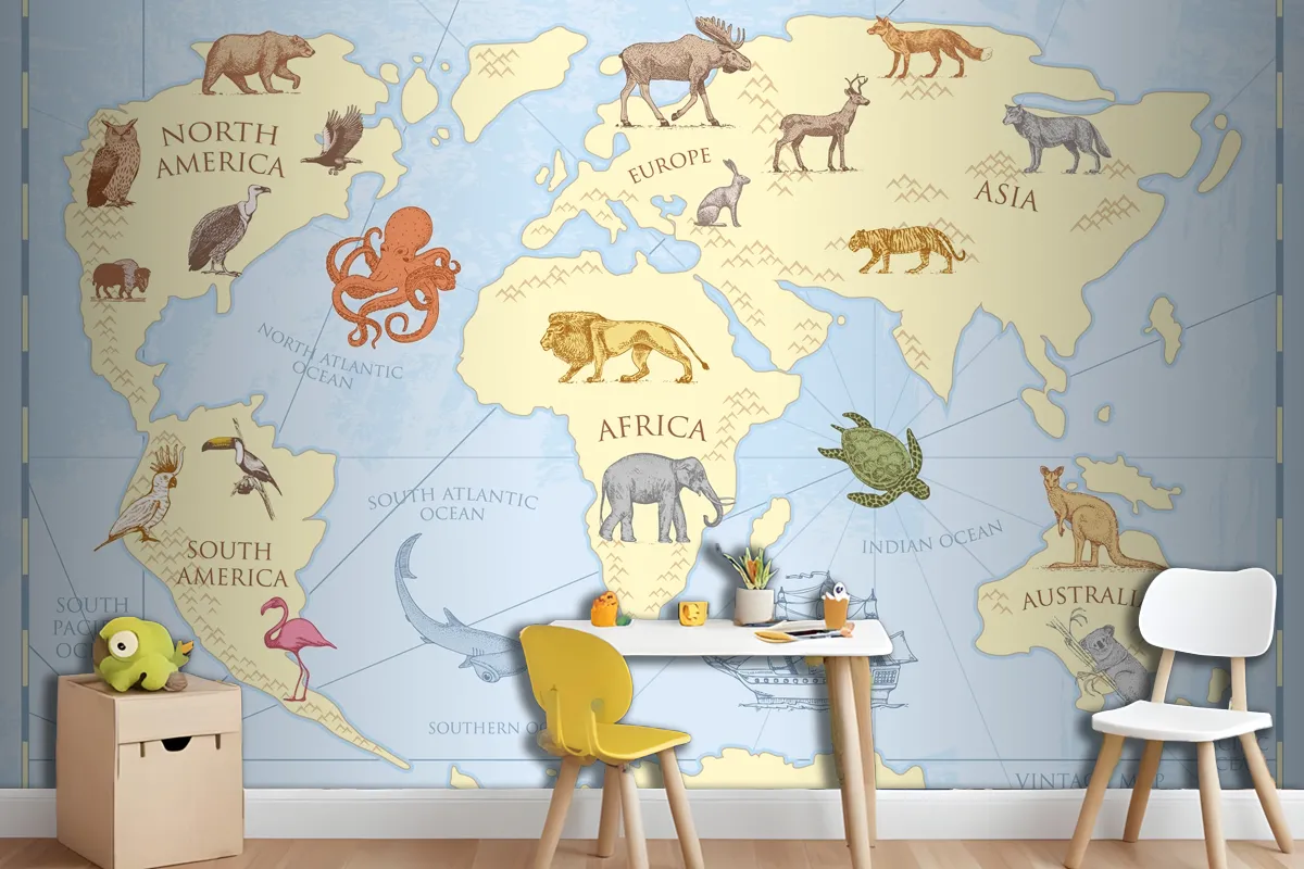 Vintage World Map With Wild Animals Wallpaper Mural