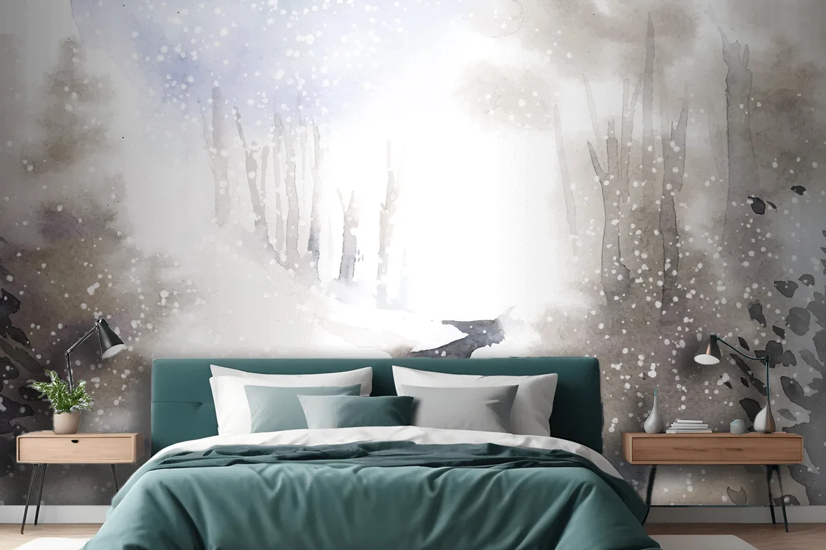 Winter Wonderland Landscape Painted By Watercolor Wallpaper Mural