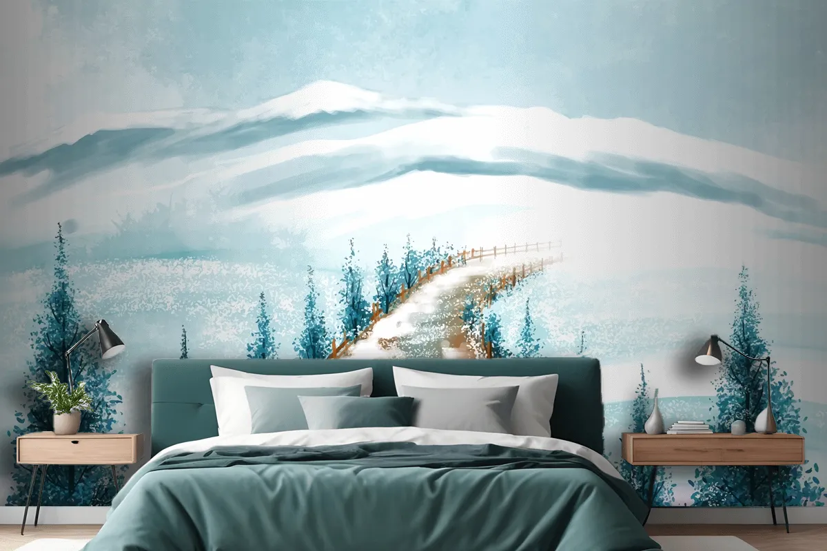 Winter Landscape With Snowy Christmas Tree Card Wallpaper Mural