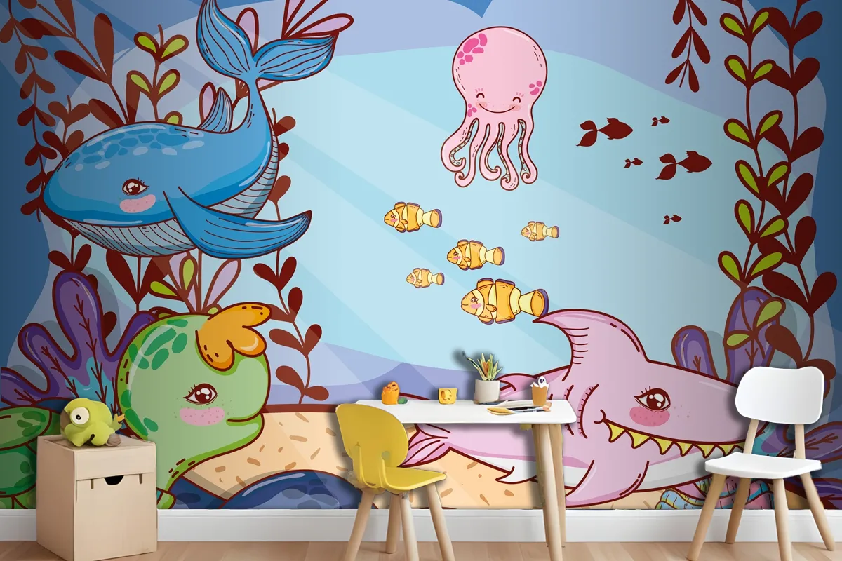 Cute Sea Animals With Seaweed Plants Wallpaper Mural