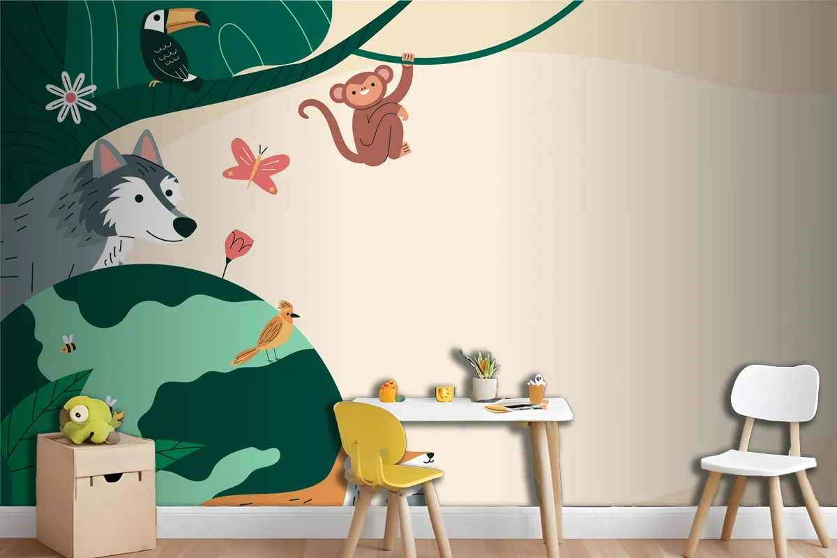 Flat Background For World Wildlife Day With Flora And Fauna Wallpaper Mural