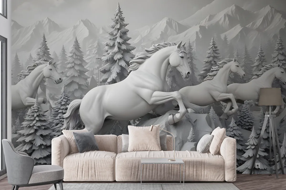 3D Embossed Look Cement Angel Horses Wallpaper Mural