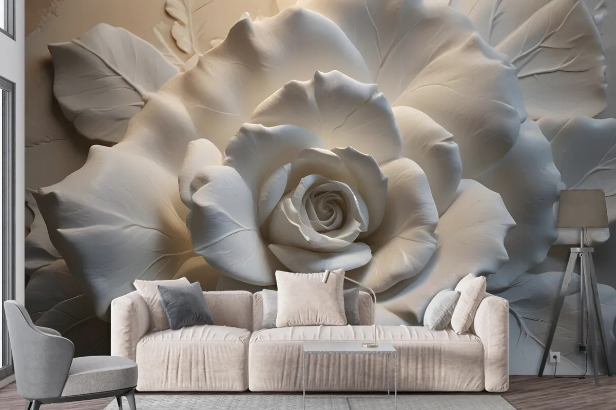 3D Embossed Look Cement Roses Wallpaper Mural