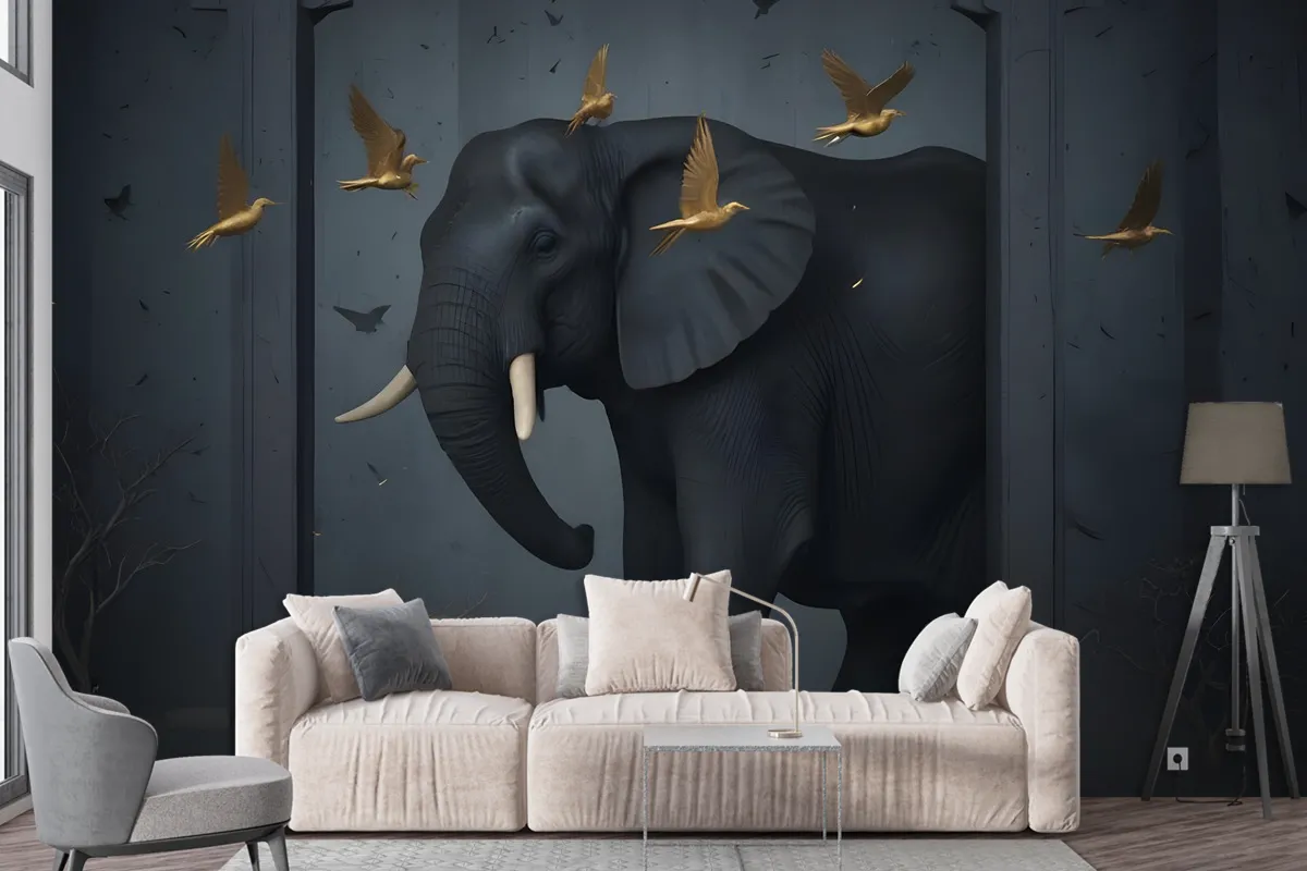 3D Embossed Look Dark Elephant And Birds Wallpaper Mural