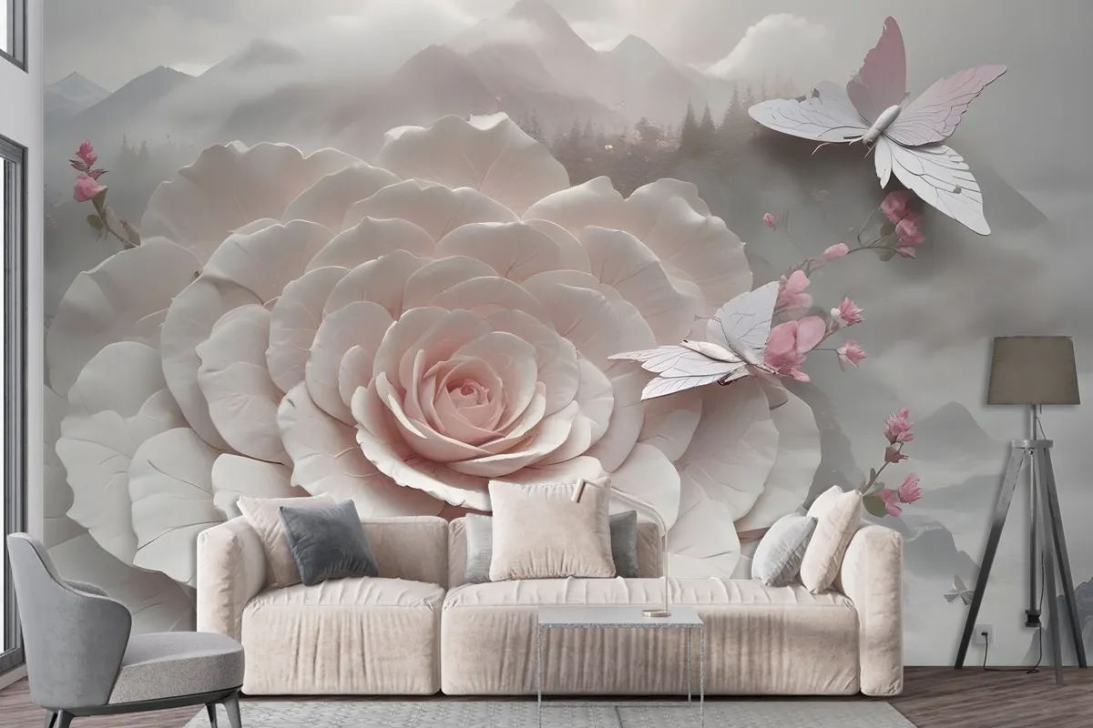 3D Embossed Look Flowers And Butterfly Wallpaper Mural