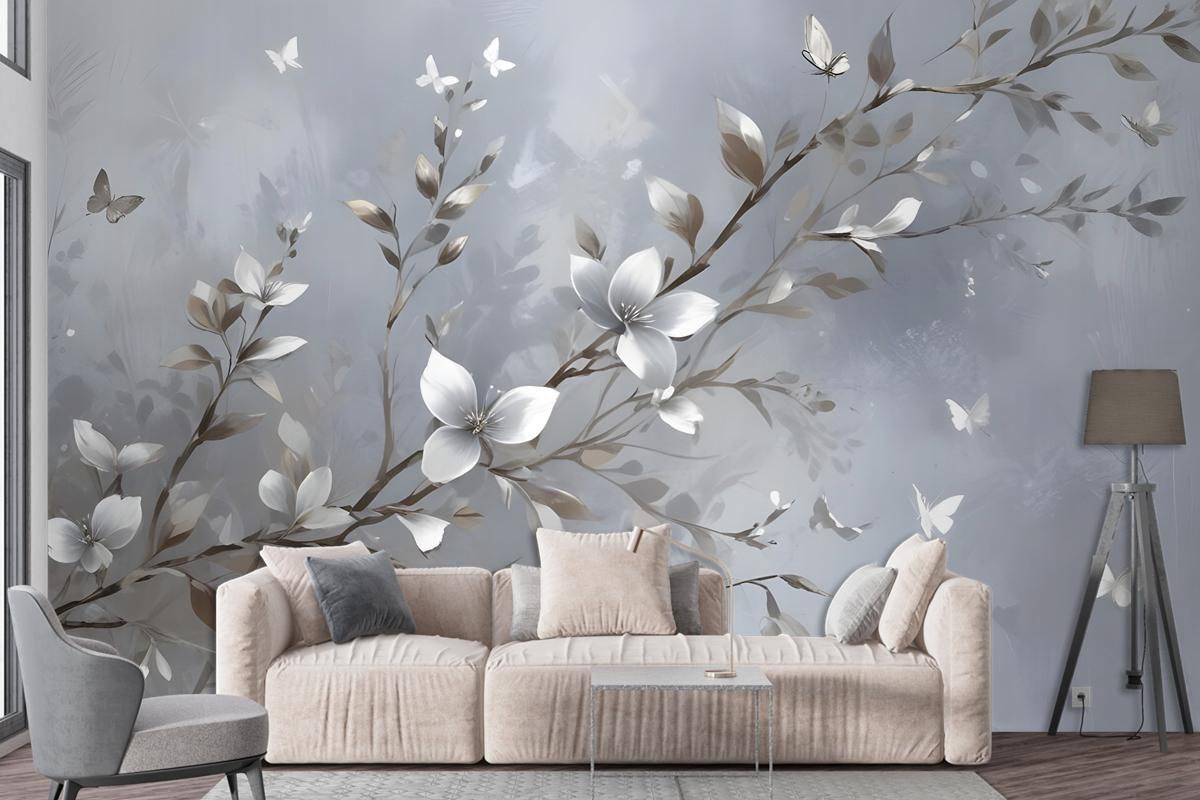 3D Embossed Look Magnolia Blossom And Butterfly Wallpaper Mural