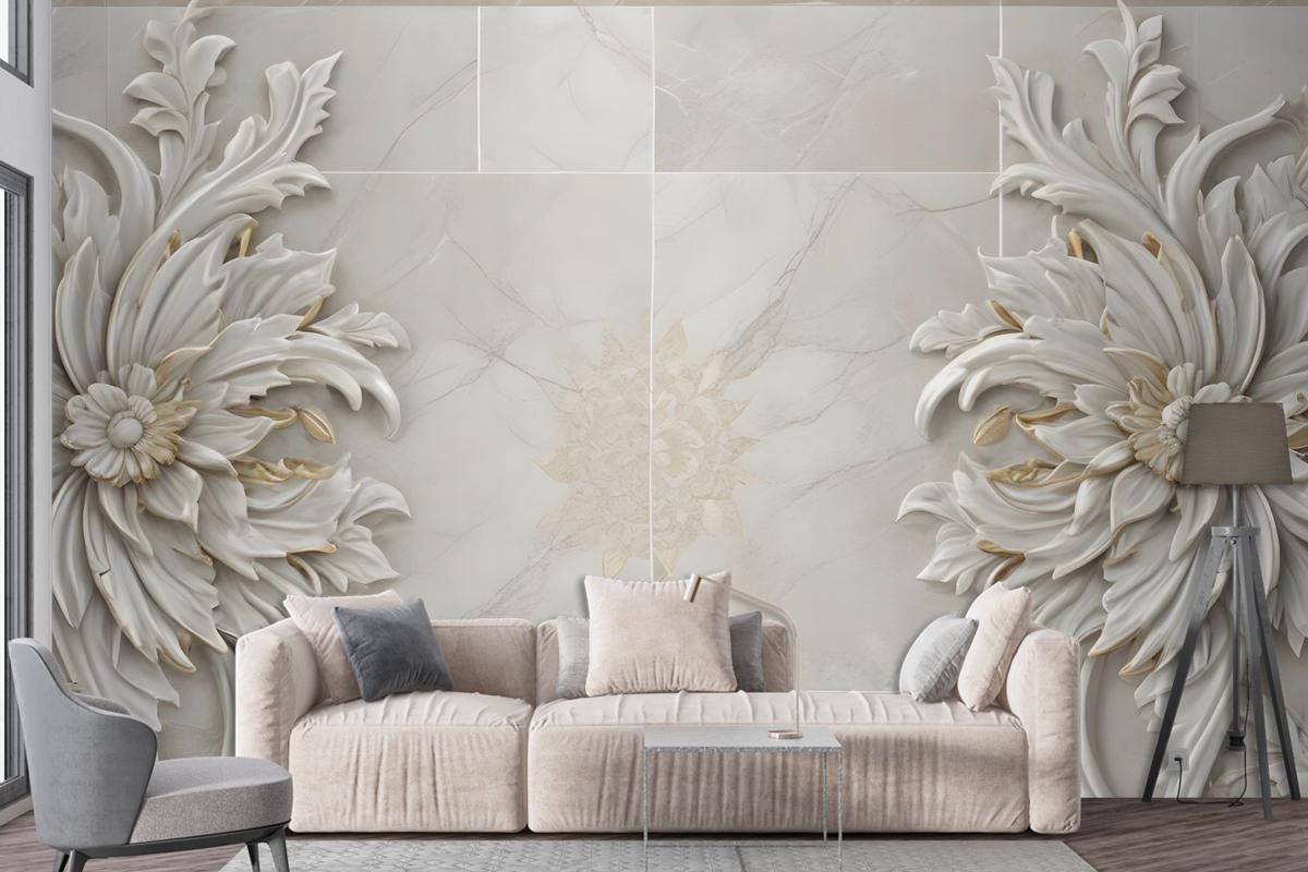 3D Embossed Look Marble Sunflower Wallpaper Mural