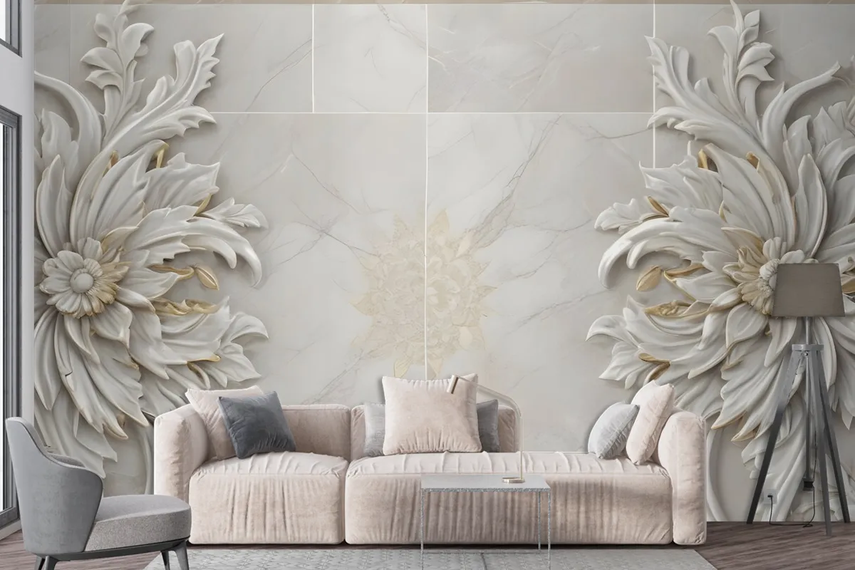 3D Embossed Look Marble Sunflower Wallpaper Mural