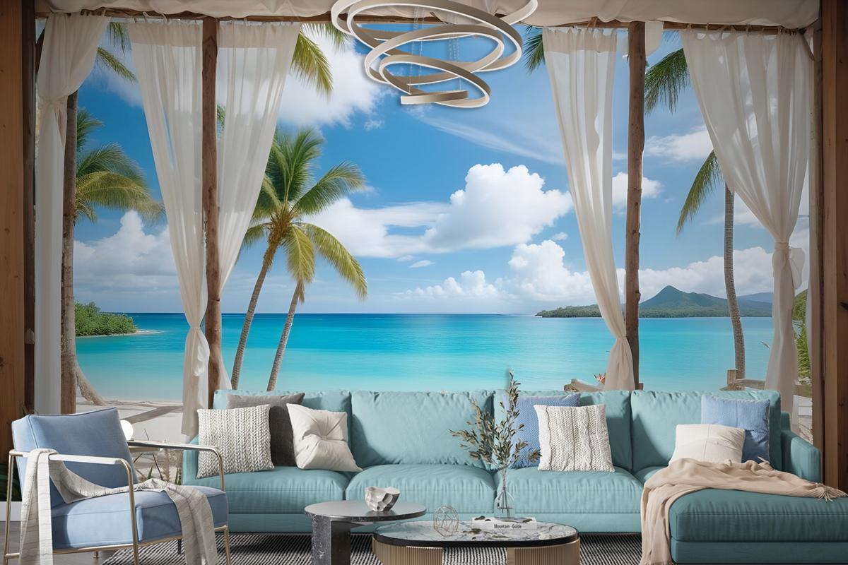 3D Look Blue Sea Landscape With Old Arches And Palm Trees Wallpaper Mural